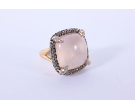 18K Gold, Rose Quartz & Diamond Cocktail Ring. Stamped inside band. Approx. 150 melee diamonds equal 2.1 ctw. Ring Size: 6.5 