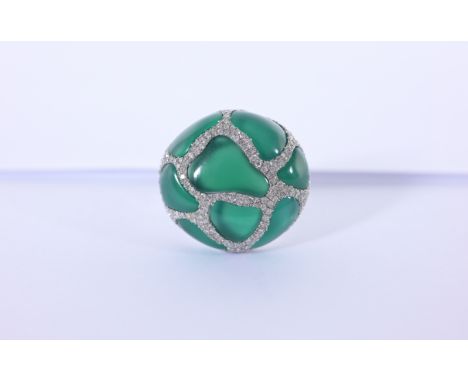 14 White Gold, Green Agate & Diamond Cluster Ring. Approx. 200 melee diamonds equal 0.8 ctwRing Size: 8 Total Weight: 10.8 g.