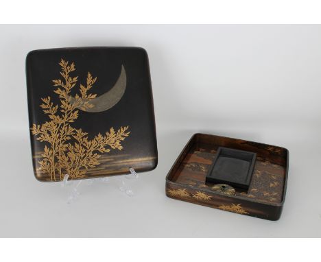 19th Century Japanese Lacquerware "Suzuri Bako" (Ecritoire) Box. Having shibuichi moon inlay on lid. Comes with original inkw