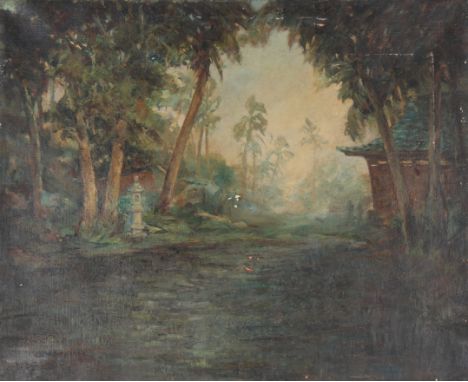 George Waller Parker (NY, MA, 1888 - 1957) Oil on canvas painting of a wooded landscape, possibly southeast Asia. Parker stud