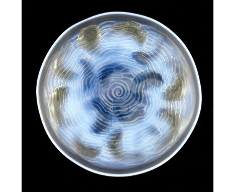 Rene Lalique, a Dauphins opalescent glass bowl, model 423, designed circa 1932, polished and frosted with blue staining, etch