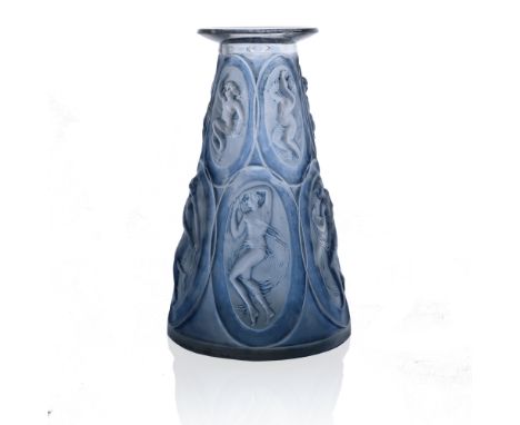 Rene Lalique, a Camees glass vase, model 891, designed circa 1923, frosted and polished with blue staining, moulded mark R La