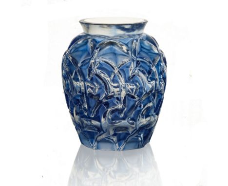 Rene Lalique, a Chamois glass vase, model 1075, designed circa 1931, polished and blue stained, etched mark R Lalique France,