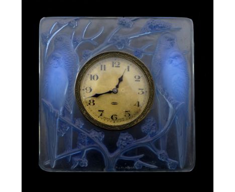 Rene Lalique, an Inseperables opalescent glass clock, model 765, designed circa 1926, blue stained, frosted and polished, mou
