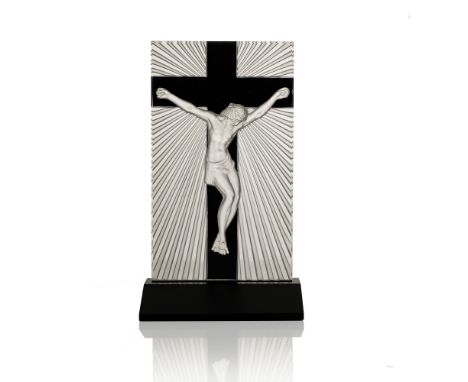 Rene Lalique, a Jesus Statue glass sculpture, model 1203, designed circa 1931, frosted, polished and enamelled, in ebonised w