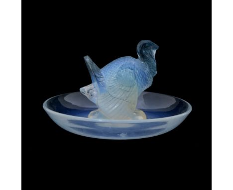 Rene Lalique, a Dindon opalescent glass ashtray or dish, model 287, designed circa 1925, blue stained, incised R Lalique, Fra