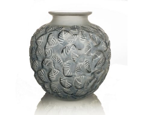 Rene Lalique, a Charmilles glass vase, model 978, designed circa 1926, frosted and polished with blue staining, moulded mark 