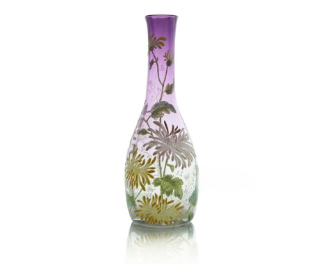 Legras, an enamelled glass vase, circa 1890, optic ribbed bottle form, purple draining to colourless, decorated with chrysant