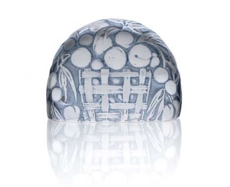 Rene Lalique, a Peches glass menu holder, model 3504, designed circa 1924, frosted and blue stained, incised marks R Lalique 