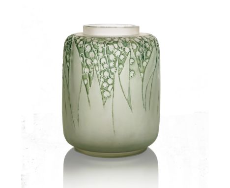 Rene Lalique, a Muguet glass vase, model 933, designed circa 1920, frosted and green stained, incised R Lalique France, 16cm 