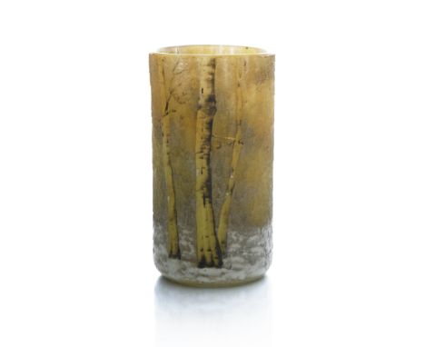 Daum, an enamelled and cased glass landscape vase, cylindrical form, colourless over yellow marbled, carved and engraved in r