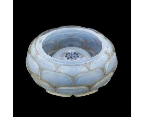 Rene Lalique, a Louise opalescent glass ashtray, model 301, designed circa 1929, frosted with sepia staining and black enamel