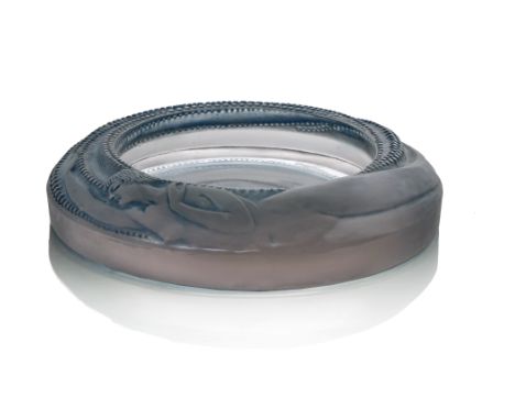 Rene Lalique, an Antheor glass ashtray, model 293, designed circa 1927, frosted and blue stained, incised mark R Lalique Fran