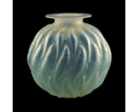 Rene Lalique, a Marisa opalescent glass vase, model 1002, designed circa 1927, frosted, polished and blue stained, incised ma