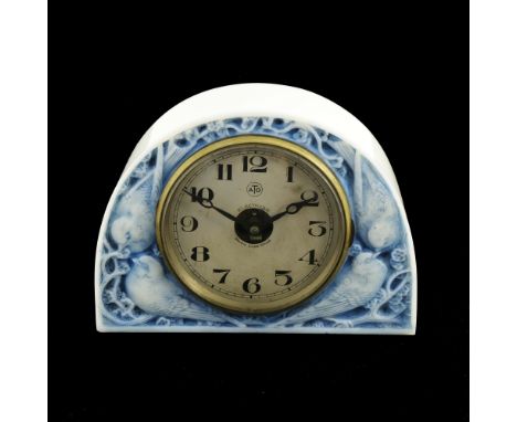 Rene Lalique, a Moineaux opaque opalescent glass clock, model ATO-3, designed circa 1924, blue stained milk glass, moulded ma