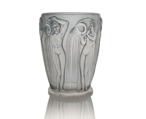 Rene Lalique, a Danaides glass vase, model 972, designed circa 1926, frosted with blue staining, moulded mark R Lalique, 18.3