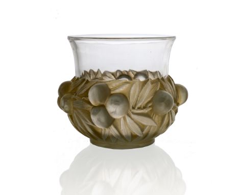 Rene Lalique, a Prunes glass vase, model 1037, designed circa 1930, frosted, polished and sepia stained, etched mark R Laliqu