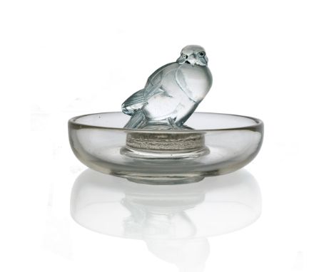 Rene Lalique, a Moineau glass ashtray or dish, model 284, circa 1925, blue stained, incised mark R Lalique, 9.5cm diameter