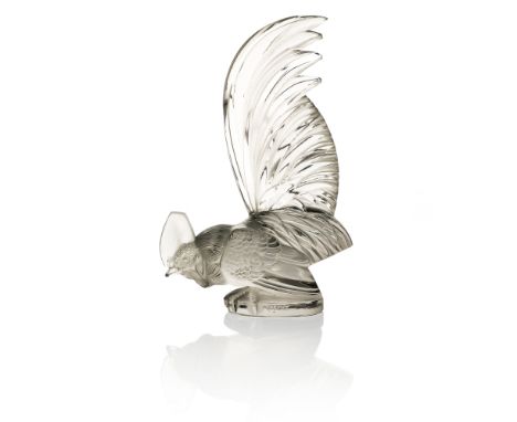 Rene Lalique, a Coq Nain glass car mascot, model 1135, designed circa 1928, polished and frosted, moulded mark R Lalique, Fra