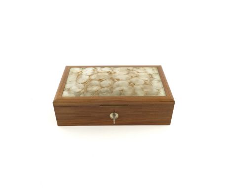 Rene Lalique, a Monnaie du Pape glass and wooden box, model 353, designed circa 1920, foil backed and sepia stained, with pla
