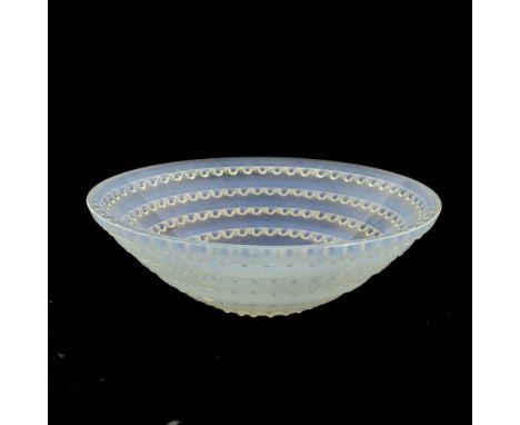 Rene Lalique, a Fleurville opalescent glass bowl, model 405, designed circa 1928, frosted and polished, intaglio moulded mark