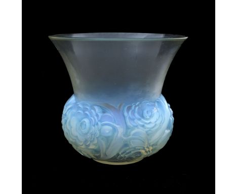 Rene Lalique, a Renoncules opalescent glass vase, model 1044, designed circa 1930, frosted and blue stained, etched R Lalique