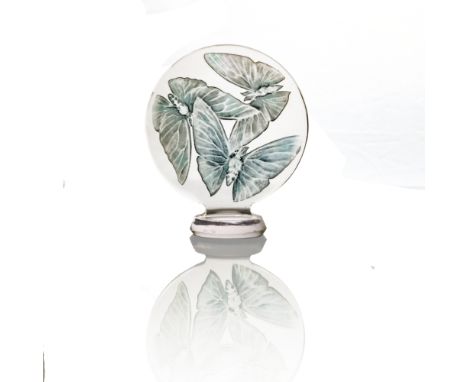 Rene Lalique, a Trois Papillons glass seal, model 197, designed circa 1919, blue stained, incised marks R Lalique, France, 6.