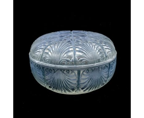 Rene Lalique, a Coquilles opalescent glass box, model 71, designed circa 1920, polished and blue stained, incised mark R Lali