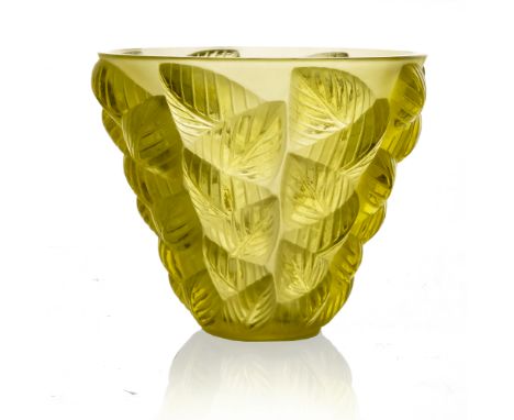 Rene Lalique, a Moissac yellow amber glass vase, model 992, designed circa 1927, frosted and polished, wheel engraved mark R 