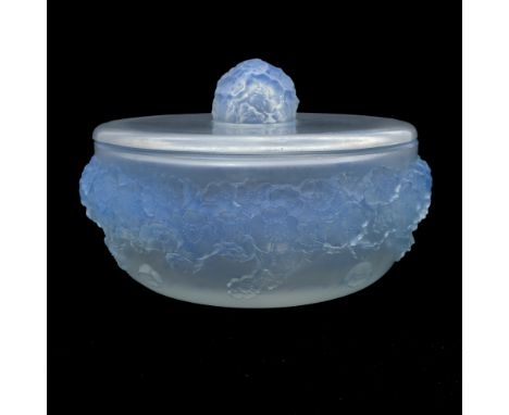 Rene Lalique, a Primeveres opalescent glass box, model 77, designed circa 1927, frosted and blue stained, moulded intaglio ma