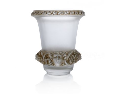Rene Lalique, a Quatre Tetes Femmes Et Raisins glass vase, model Vase-2, designed circa 1939, frosted and sepia stained, etch