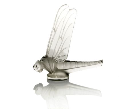 Rene Lalique, a Libellule Grande glass car mascot, model 1145, designed circa 1928, polished and frosted, partially moulded m