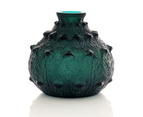 Rene Lalique, a Fougeres green glass vase, model 923, designed circa 1912, frosted, moulded mark to body R Lalique, incised m