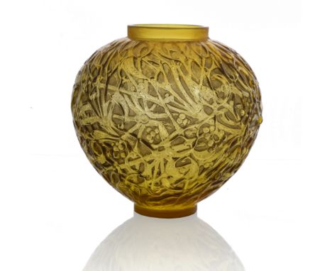 Rene Lalique, a Gui yellow amber glass vase, model 948, designed circa 1920, polished and frosted, with blue staining, moulde