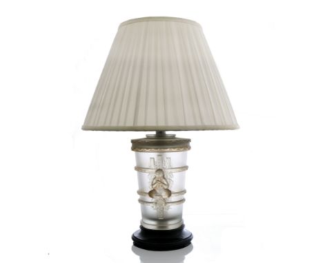 Marc Lalique, a Faune glass table lamp, designed circa 1950, frosted with sepia staining, on gun metal base, incised mark Lal