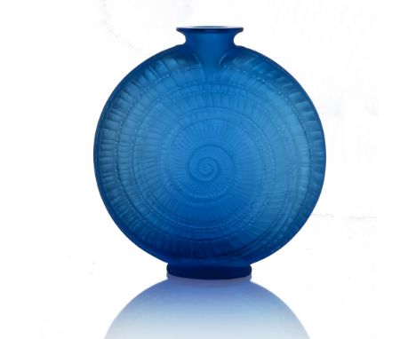 Rene Lalique, an Escargot electric blue glass vase, model 931, designed circa 1920, frosted, moulded mark R Lalique, incised 