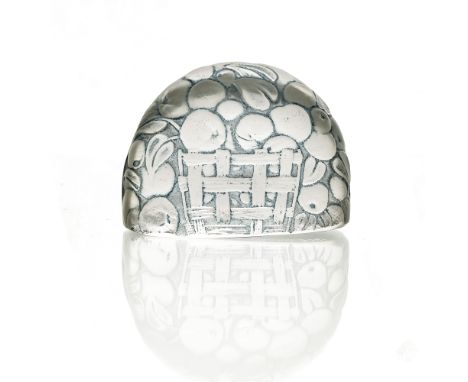 Rene Lalique, a Prunes glass menu holder, model 3509, designed circa 1924, frosted and blue stained, incised marks R Lalique 