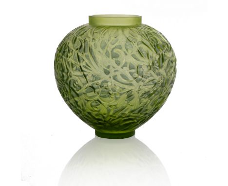 Rene Lalique, a Gui apple green glass vase, model 948, designed circa 1920, polished and frosted, with blue staining, moulded