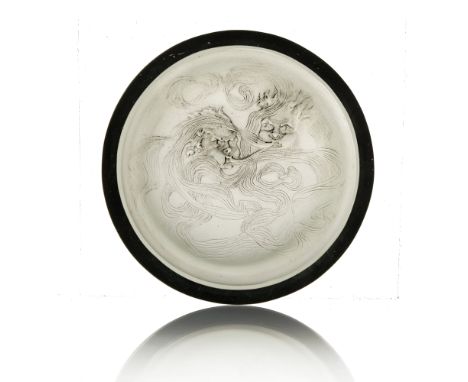 Rene Lalique, a Deux Zephyrs topaz glass ashtray, model 275, designed circa 1913, frosted and black stained, moulded and etch