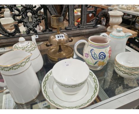 CROWN STAFFORDSHIRE TEA WARES, A POOLE JUG AND A BRASS VESTA WITH A BELL COLUMN AND ASHTRAY BASE