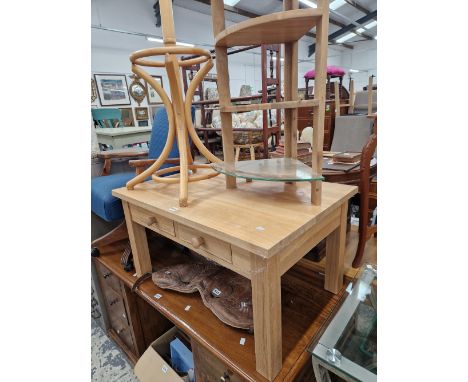 A BENT WOOD COAT AND STICK STAND, A FOUR SHELF CORNER UNIT, A DESK CHAIR AND A TWO DRAWER PINE COFFEE TABLE