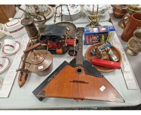 A BALAIKA, BRASS SCALES, A MINERS LAMP, A MODEL VINTAGE CAR, A COPPER KETTLE, A SHUTTLE, ETC.