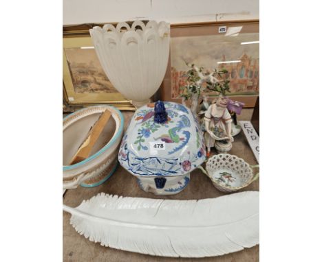 A MEISSEN GROUP OF A MAN OFFERING SNUFF TO A LADY, A MEISSEN LADY WITH FLOWERS IN HER APRON, A MASON IRONSTONE TUREEN AND A W