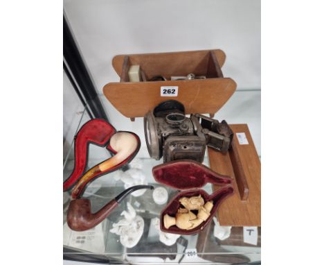 COINS, TOBACCO PIPES TOGETHER WITH A VINTAGE LUCAS BICYCLE LAMP