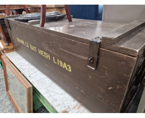 A GREY PAINTED AMMUNITION CHEST, ITS PURPOSE LABELLED IN YELLOW