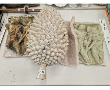 A COMPOSITION MODEL OF A DURIAN FRUIT TOGETHER WITH TWO FRIEZES OF CLASSICAL MEN AND A WOODEN JAPANESE SWORD