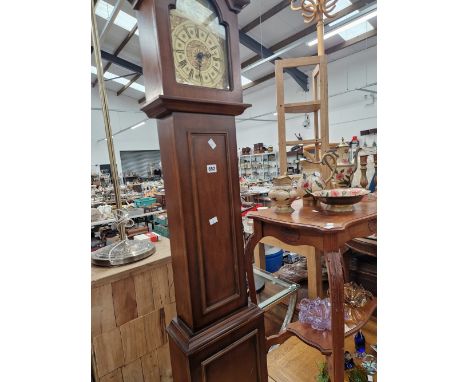 A 20th C. MAHOGANY CASED GRANDMOTHER CLOCK TOGETHER WITH A MAHOGANY TWO TIER SIDE TABLE