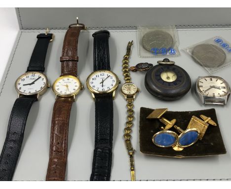 A COLLECTION OF WATCHES ETC TO INCLUDE ORIS, TIMEX, SEKONDA, A HALLMARKED SILVER POCKET WATCH, CUFFLINKS, COINS, AND A ROYAL 