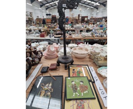 A CHINESE CARVED WOOD DRAGON HEADED SUSPENSION COLUMN, VARIOUS PRINTS AND PICTURES TOGETHER WITH A KODAK CAMERA