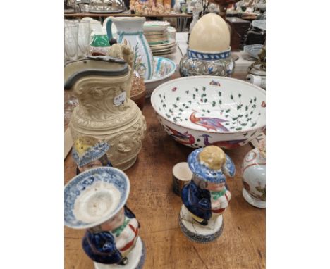 A CHINESE PORCELAIN TEA CADDY, AN OSTRICH EGG, JUGS, TWO BOWLS TOGETHER WITH STAFFORDSHIRE FIGURAL CRUETS